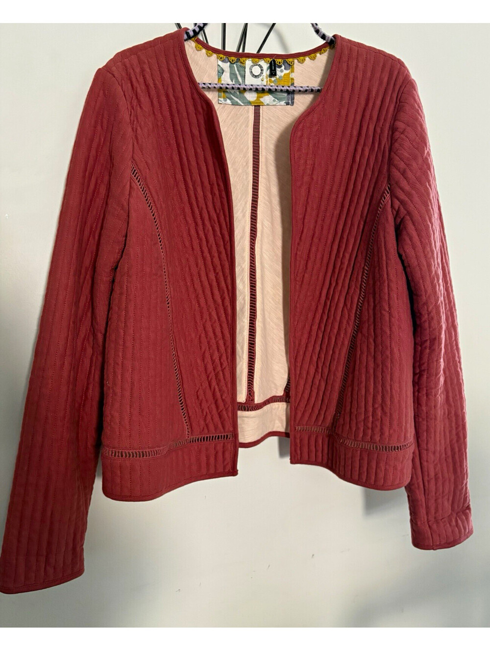 Anthropologie Akemi + Kin Quilted Embroidered Collarless Open Front Jacket Boho
